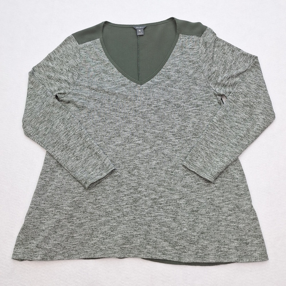 Eddie Bauer Top Womens Large Green Heather Knit Long Sleeve V Neck Tunic Comfy